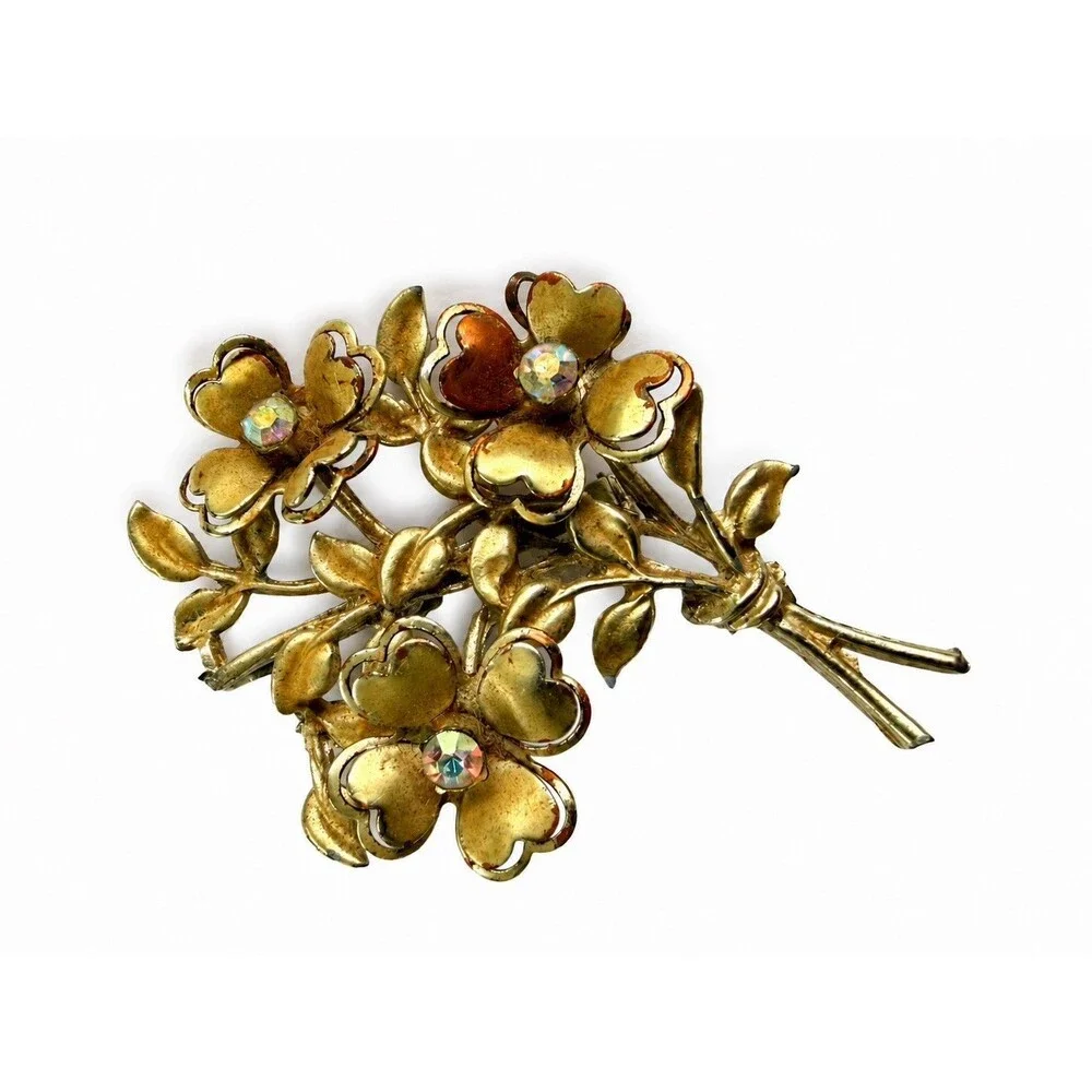Vintage 1950 Coro Floral Spray Brooch Gold Tone AB Rhinestone Flower Bouquet Pin